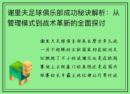 谢里夫足球俱乐部成功秘诀解析：从管理模式到战术革新的全面探讨