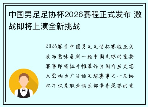 中国男足足协杯2026赛程正式发布 激战即将上演全新挑战