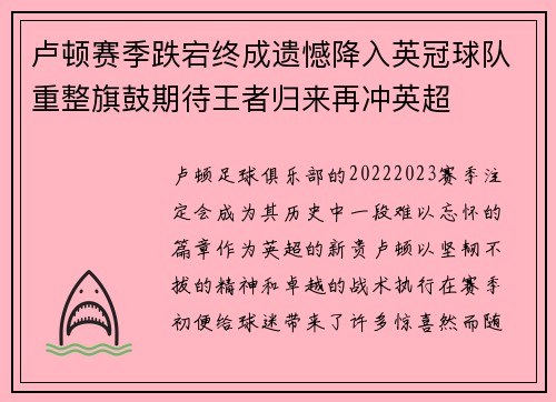 卢顿赛季跌宕终成遗憾降入英冠球队重整旗鼓期待王者归来再冲英超