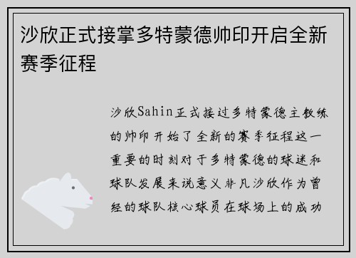 沙欣正式接掌多特蒙德帅印开启全新赛季征程